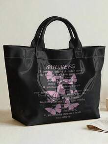 1pc Lavender Butterflies Print Glossy PVC Tote Bag,Large Capacity,Top Handle,For Beach,Commute & Daily Use,Versatile And Practical.Ideal Gift Item - Black - View 11
