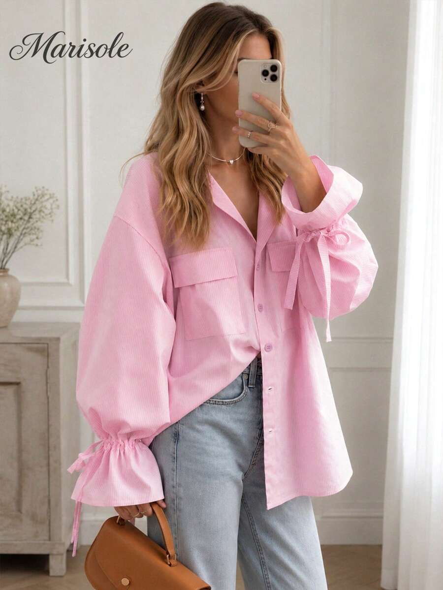 Women's Fashion Y2K Striped Drop Shoulder Long Sleeve Front Button Pocket Shirt, Casual Daily Commute Party Vacation Top, Autumn/Winter - Multicolor - View 1