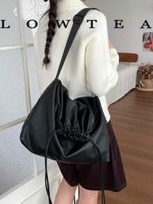 1pc Solid Color PU Fabric Women's Casual Large Capacity Shoulder Bag Bucket Bag With Adjustable Strap And Drawstring Closure, Suitable For Daily Shopping And Commuting - Black - View 4