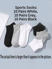 30/20/10/1 Pair Unisex Short Socks, Soft Elastic Breathable, Black White Gray Solid Color, Ribbed Cuff, Lightweight Casual Sports Socks - Black - View 10