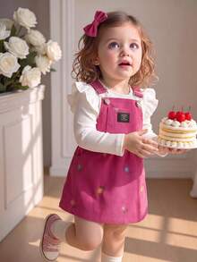 2pcs Baby Girl Cute Flutter Sleeve Ribbed Top & Embroidered Corduroy Pinafore Dress Set, Lightweight Spring/Autumn - White - View 1