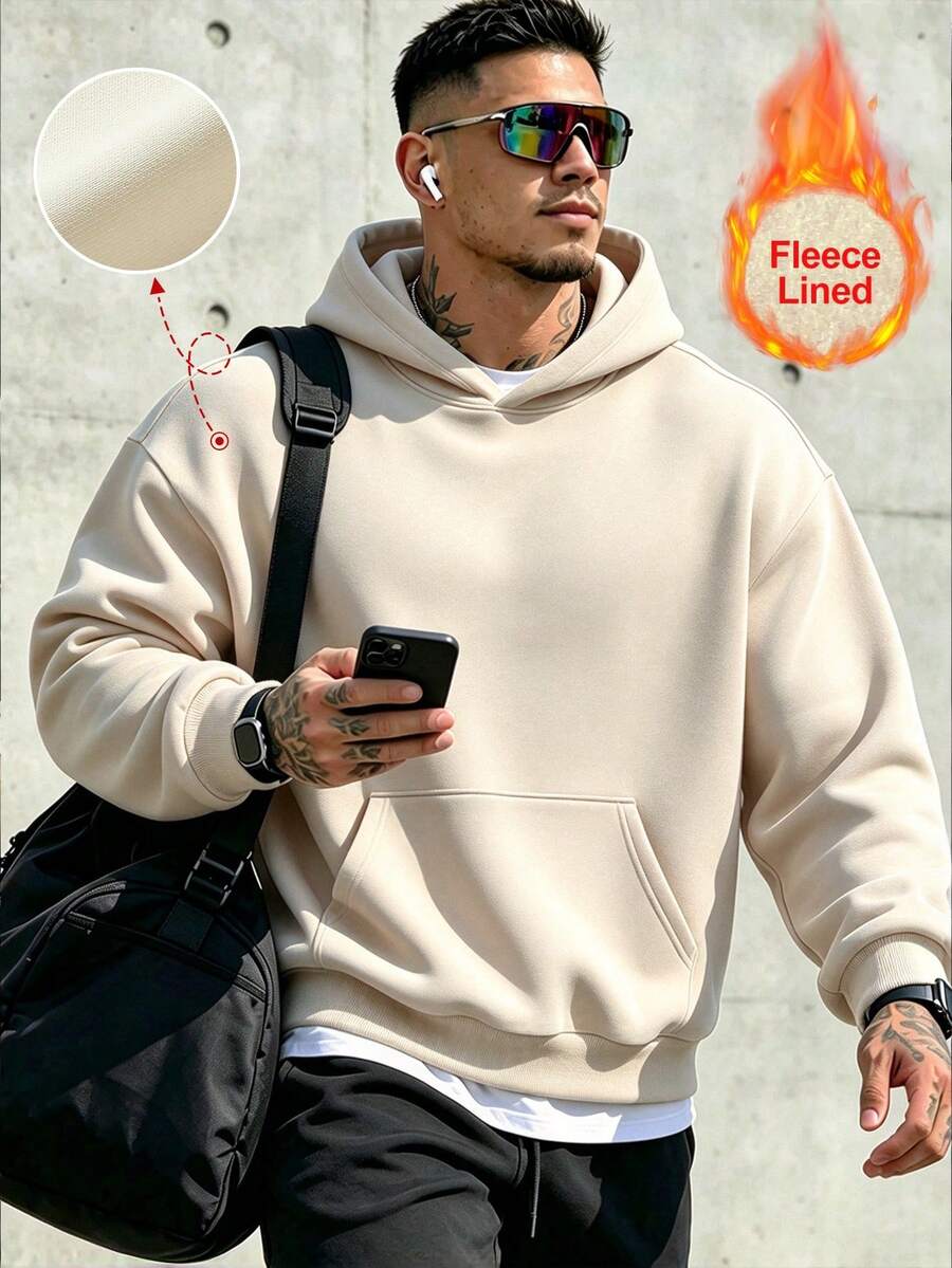 Men's Fleece Lined Solid Color Drop Shoulder Long Sleeve Drawstring Pocket Casual Hoodie, Autumn/Winter Back To School Season - Apricot - View 1