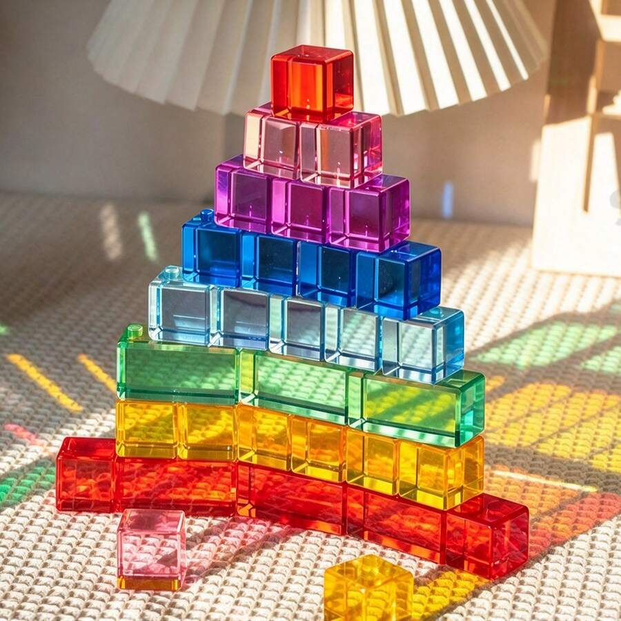 Colorful Acrylic Gem Cube Building Blocks, Translucent Rainbow Stacking Puzzle Sensory Train Toy, Christmas Stocking Stuffers - Multicolor - View 1