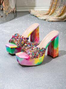 Crystal High Heel Sandals Women Summer 2026 New Style Rhinestone Transparent Colorful One-Strap Thick Platform Thick Sole Open Toe Thin/Thick Heel Model Runway Fashion Versatile Evening Party - Color - View 4