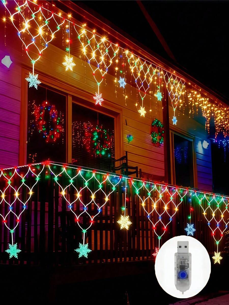 1pc Triangle Fishnet Star Curtain Light, Ambient Lighting, Button Dimmable, Suitable For Outdoor, Villa, Eaves, Porch, Window, Home Room And Holiday Night Decoration - M25-triangle Fishing Net Curtain Lights - View 1