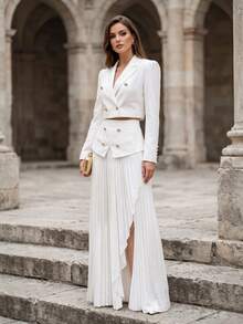 Urban Elegant Minimalist Commuter Women's Solid Color Double-Button Office Puff Long Sleeve Cropped Wide Blazer With Pleated Slit Skirt, Autumn - White - View 3