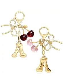 10pcs Women's Cherry Bow Letter Pendant Keychain, Cherry Shape, Bow Decor, Casual Style, Can Be Used As Wallet, Handbag And Backpack Accessory, Bag Charm Keychain, Student Car Keychain, Cherry Bow Keychain - Multicolor - View 2