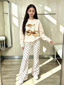 2 Pieces Outfit Set For Older Girls And Teens, Includes 1 Apricot Crew Neck Sweatshirt And 1 Polka Dot Flare Pants, Featuring Distinctive Gold Cherry Pattern, Minimalist Casual Style - Apricot - View 2