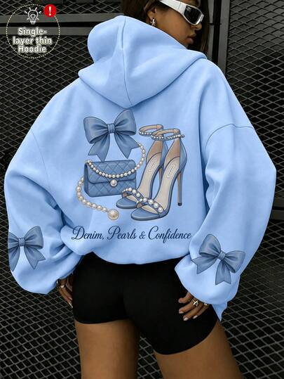 High Heel Pearl Bag Bow Print Pattern Sweatshirt, Plus Size Women's Casual Autumn/Winter Long Sleeve Pocket Sweatshirt Sweatshirt, Suitable For Winter Holiday Outfits, Beach Outfits, Vacation Outfits, Halloween Outfits, Thanksgiving Outfits, Christmas Outfits, New Year Outfits. Suitable For Daily Wear, Going Out Tops, Outings, Holidays, Beach, Parties, Beach, Balls, School, Graduation, Luxury, Vacation, Commuting, Fitness, Weddings, Fashion, Winter Tops, Women's Autumn Outfits, Women's Holiday Clothing
