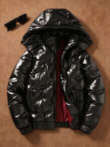 Men's Winter Thick Glossy Fashion Detachable Hooded Padded Coat - Black - View 4