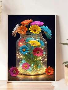 1pc Diamond Painting Kit, Colorful Glowing Glass Jar Flower Diamond Art, Home Desktop Decor Handmade DIY Rhinestone Craft, Suitable For Creative Crafting Scenes - round diamond - View 5