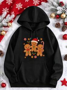 1 pieza sudadera con capucha para hombre, manga larga con estampado de galleta de jengibre, moda casual térmica, ideal para fiestas de Navidad en invierno - Negro - Ver 1