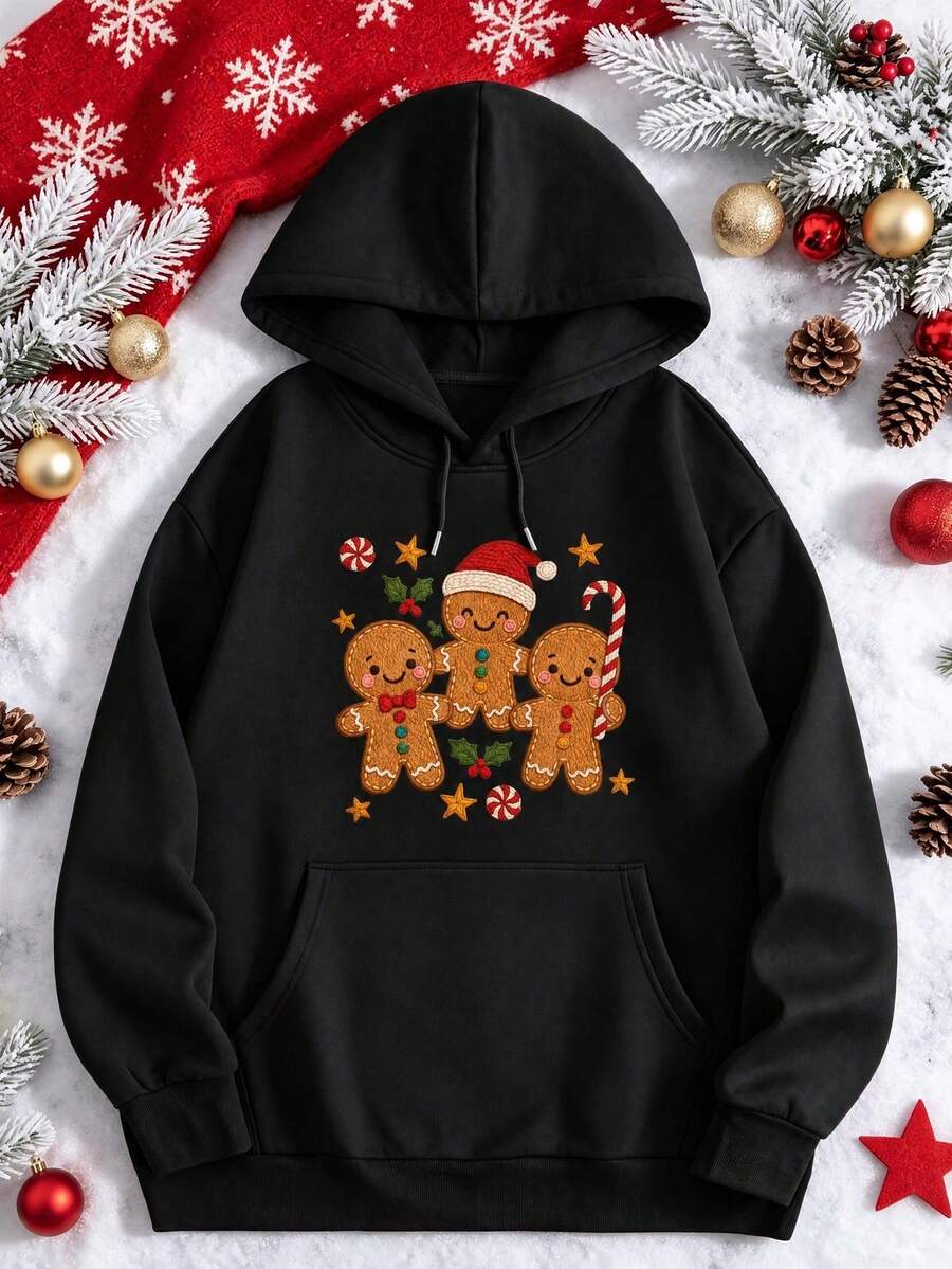 1 pieza sudadera con capucha para hombre, manga larga con estampado de galleta de jengibre, moda casual térmica, ideal para fiestas de Navidad en invierno - Negro - Ver 1