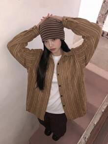 Vintage Plaid Long Sleeve Loose Blouse - Brown - View 1