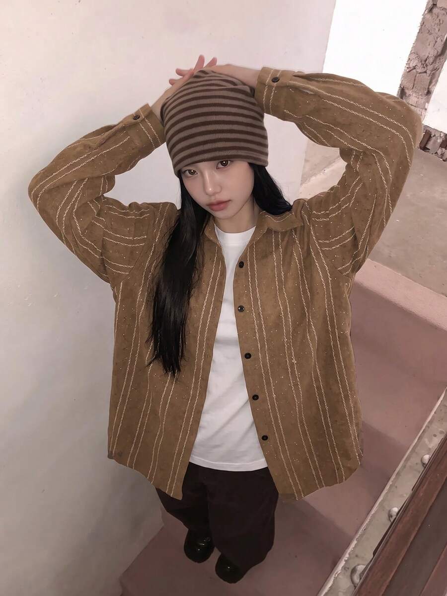 Vintage Plaid Long Sleeve Loose Blouse - Brown - View 1