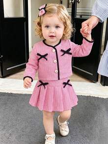 2pcs Baby Girl Elegant Playful Bow Long Sleeve Cardigan & Skirt Set, Spring/Autumn Party - Hot Pink - View 1