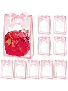 10 Transparent Pink Gift Tote Bags With Bow Ribbon And Handle, Elegant Waterproof PVC Party Favor Packaging Bags For Wedding, Birthday, Bridal Shower, Bachelorette Party, Candy Gift Wrapping And Storage, Cheap $0 Distribution Boxes, Distribution Bags, Wrapping Bags, Plastic Bags - Pink - View 6