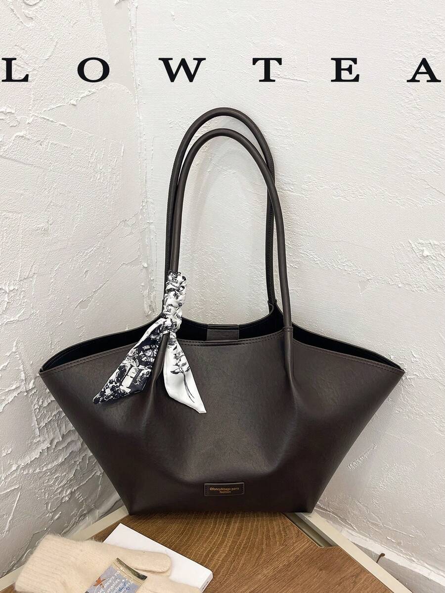 Low Tea 2件組純色PU布料女款休閒大容量托特包 BOOK Bag，雙手柄設計，磁吸開合，適合旅行、購物、約會，女性禮物，適合青少年女孩、大學生、職場新人與白領上班族，完美適用於辦公室、校園、工作、商務、通勤、戶外、旅行、出遊（附贈圍巾）