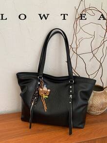 1pc Solid Color PU Fabric Women's Casual Large Capacity Shoulder Tote Bag With Cloud Pleated Design, Double Handles And Zipper Closure, Suitable For Daily Shopping And Commuting (With Pendant) - Black - View 1