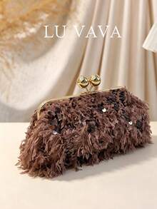 Fuzzy Sequin Coffee Brown Evening Clutch/Ball Party Handbag/Wedding/Prom/Fluffy Clutch/Kiss Lock Clutch/Feather-Look Clutch/Formal Event Bag - Brown - View 3