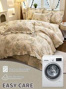 Beige Floral Girl Style Ruffled Simple Comfortable Soft Skin-Friendly Duvet Cover Set (1*Duvet Cover + 2*Pillowcases, No Filling) Suitable For Bedroom Guest Room Machine Washable All Season - Beige - View 6