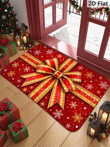 1pc Christmas Floor Mat Cute Plaid Red Christmas Tree Bow Gift, Felt Material, Machine Washable, Printed Carpet Perfect For Entryway, Bathroom, Living Room, Laundry Room, Home Decor, Autumn/Winter Decoration, Suitable For Home And Kitchen Decor - Red Bow - View 1