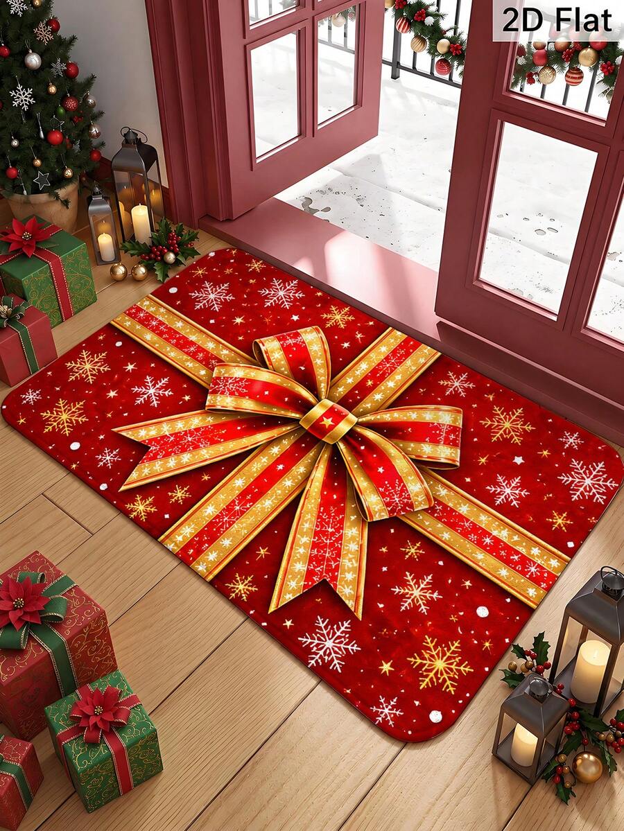 1pc Christmas Floor Mat Cute Plaid Red Christmas Tree Bow Gift, Felt Material, Machine Washable, Printed Carpet Perfect For Entryway, Bathroom, Living Room, Laundry Room, Home Decor, Autumn/Winter Decoration, Suitable For Home And Kitchen Decor - Red Bow - View 1