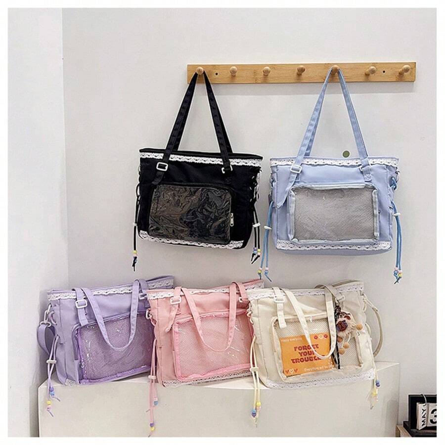 4pcs Lace Transparent Storage Bags, Japanese Style Badge Display Bags, Student Stationery & Miscellaneous Storage Bags, Transparent Lace Edge Storage Bags, Girly Badge Display Ita Bag, Student Desk Organizer, Birthday Gift
