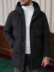 Men's Winter Solid Color Minimalist Hooded Mid-Length Padded Coat - Black - View 1