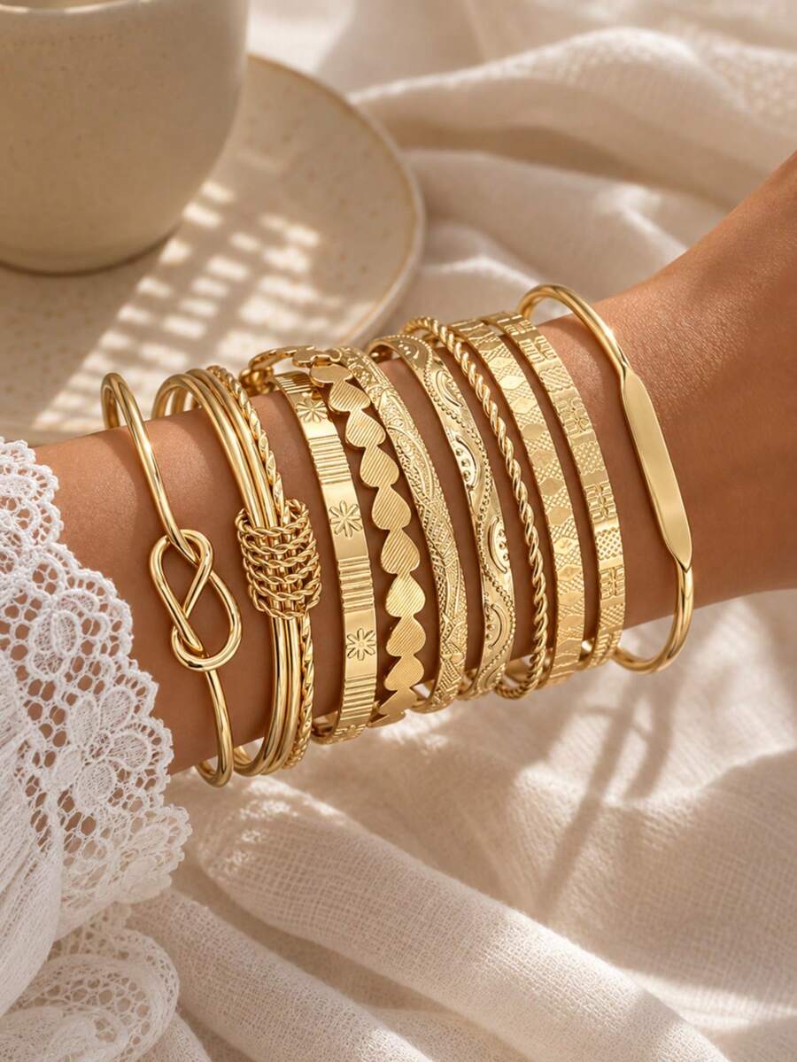 10pcs/Set Punk Street Goth Style Heart Print Metal Bangle Bracelets, Women's Twisted Shiny Adjustable Bracelet Jewelry - Yellow Gold - View 1