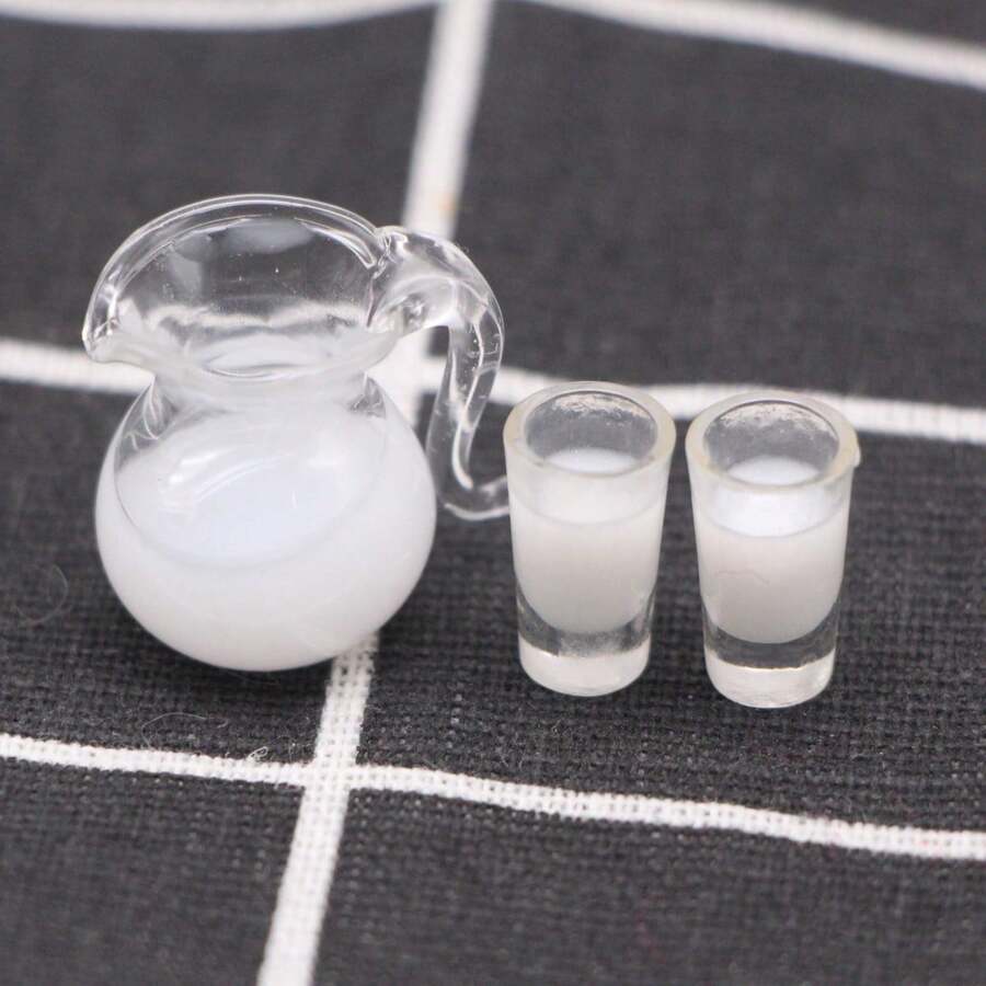 娃娃屋裝飾迷你逼真玻璃容器牛奶橙汁，微景觀手工藝品，完美節日禮物選擇，模型收藏品 - 牛奶套裝 - 查看 1