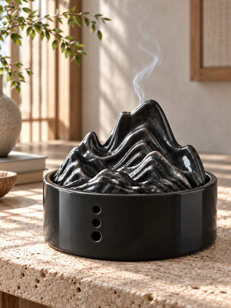 1件山形附蓋香爐,禪意盤香座與灰燼盤,黑/白色香氛居家裝飾,適用於冥想、瑜伽、茶室、臥室與桌面 - 彩色 - 查看 1