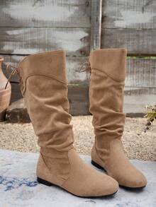 Women's Suede Ruched Mid-Calf Boots, Round Toe, Back Lace-Up, Flat Sole, Slouchy Boots, Casual, Versatile, Daily Commute, Outdoor Wear - Apricot - View 4