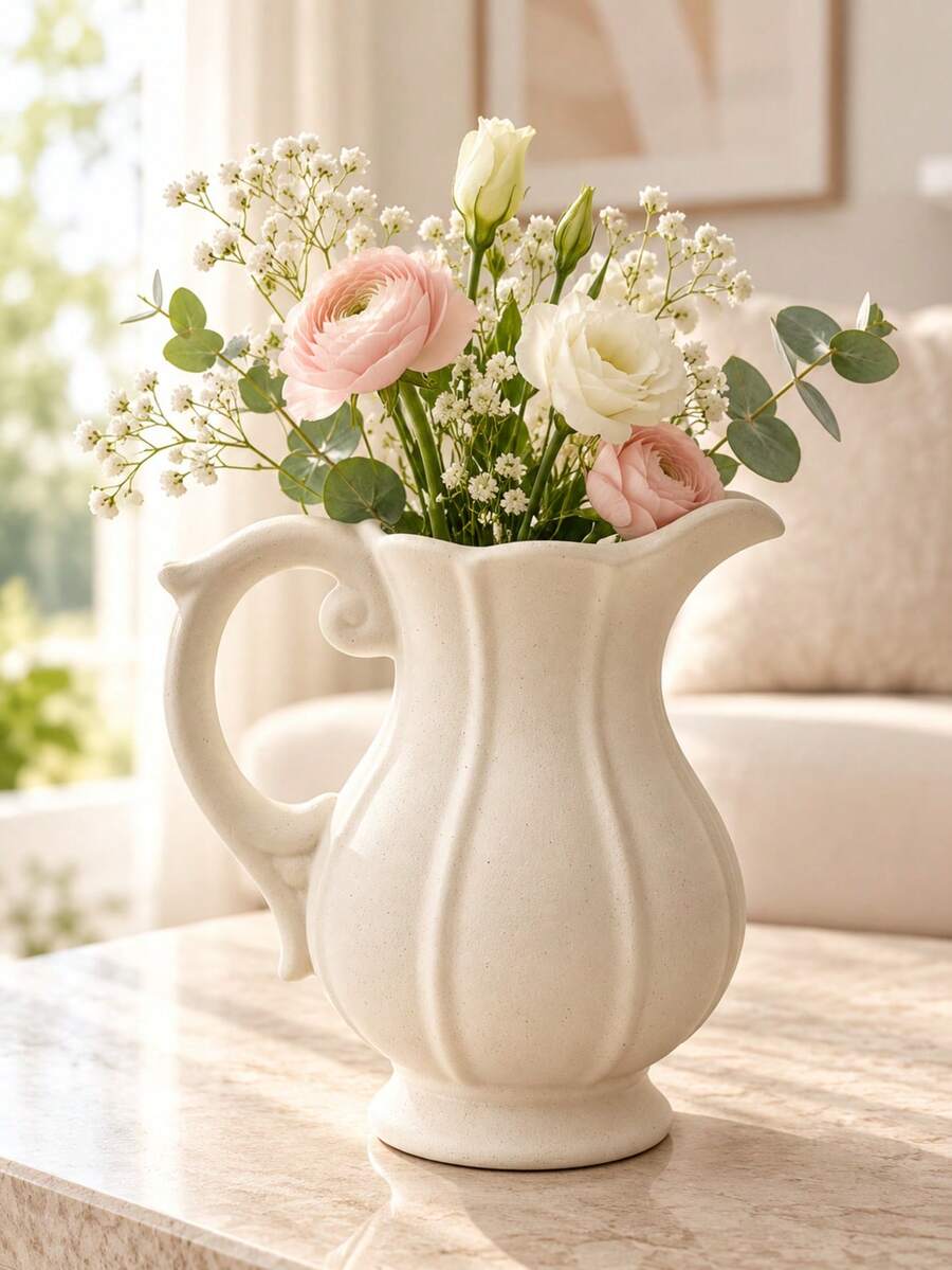 1pc White Ceramic Water Pitcher Vase With Handle And Wavy Spout, Textured Pottery Decorative Flower Vase, Vintage Farmhouse Style Home Decor, Suitable For Living Room, Entryway, Shelf, Mantel, Dining Table Centerpiece, Wedding And Housewarming Gift - Kettle Vase - View 1