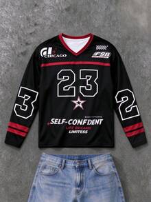 Men's Street V-Neck Long Sleeve Sports Jersey, Loose Color Block Number Graphic Print Casual Sporty Daily Tops - Multicolor - View 3