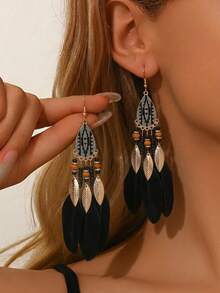 2pcs Bohemian Feather Tassel Earrings, With A Lively , Suitable For Island Vacations, Music Festivals, And Beach Gatherings - Multicolor - View 6