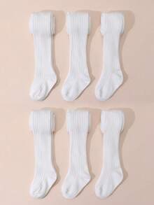 3 Pairs Girls' Solid Color Leggings, Vertical Striped Tights, Simple Versatile Children's Pantyhose, Elastic & Comfortable, All Season - White - View 18