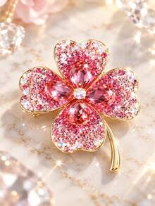 1pc Multicolor Lucky Four-Leaf Clover Rhinestone Luxury Elegant Brooch Lapel Pin Unisex Daily Banquet Wedding Party Gift Clothing Decoration - Pink - View 4