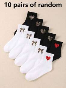 10 Pairs Children's Long Socks With Heart Bow And Leopard Print, Suitable For Daily Wear, Unisex - Multicolor - View 9