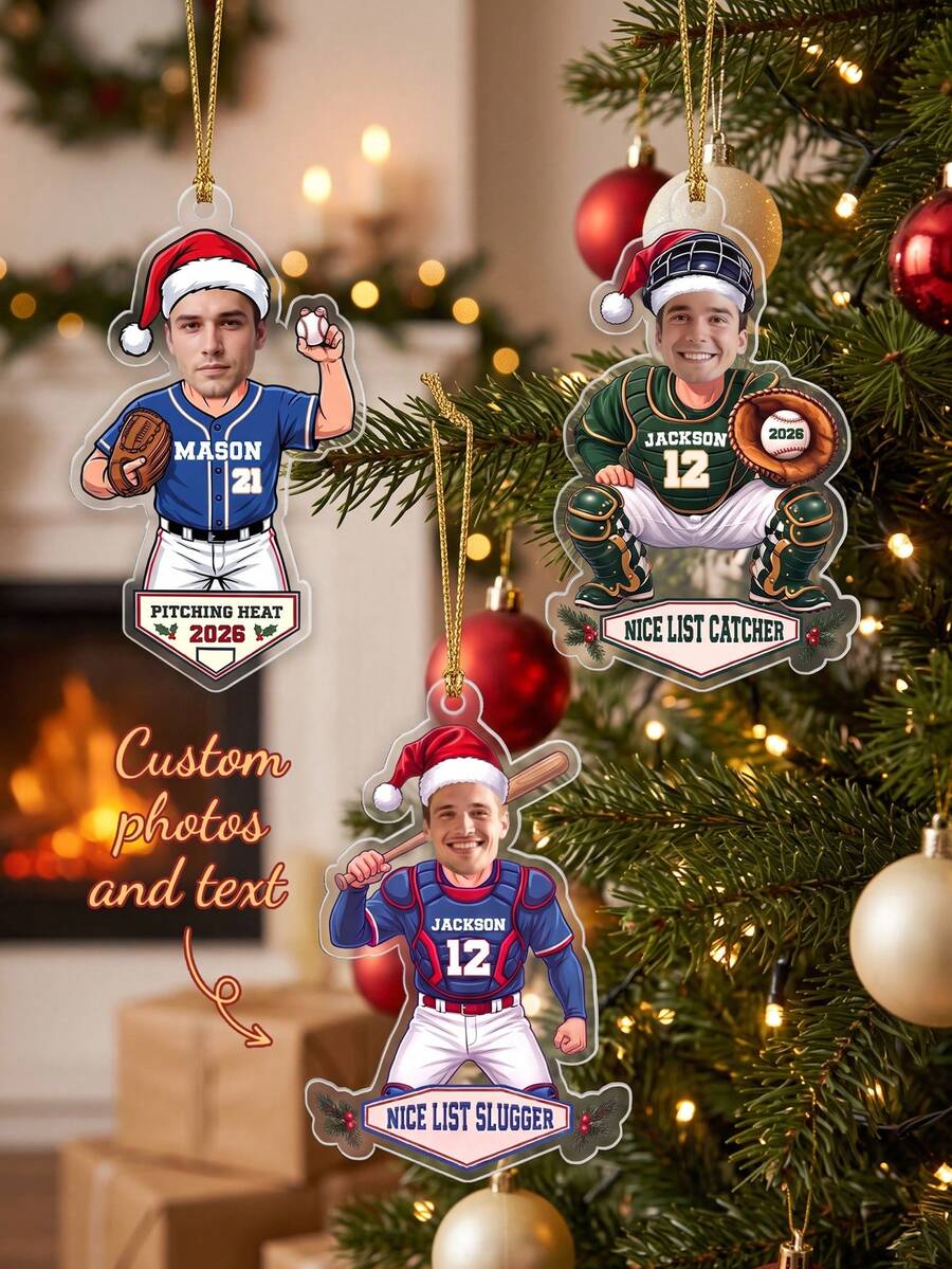 1pc Personalized Photo And Text Baseball Player Christmas Ornament, Custom Santa Hat Baseball Pitcher Ornamen,Baseball Player Keepsake Holiday Gift - Multicolor - View 1