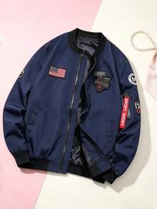 春秋款棒球領刺繡拼接女款棒球夾克，休閒寬鬆短版飛行夾克 - 藍色 - 查看 3