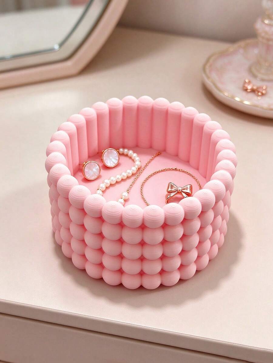 Bubble Column Round Jewelry Storage Box, Continuous Rounded Raised Beads Border, Macaron Multicolor Options. Can Store Rings, Necklaces And Other Jewelry Small Items, Cute And Adorable Design, Combines Storage Function And Desktop Decoration Effect.