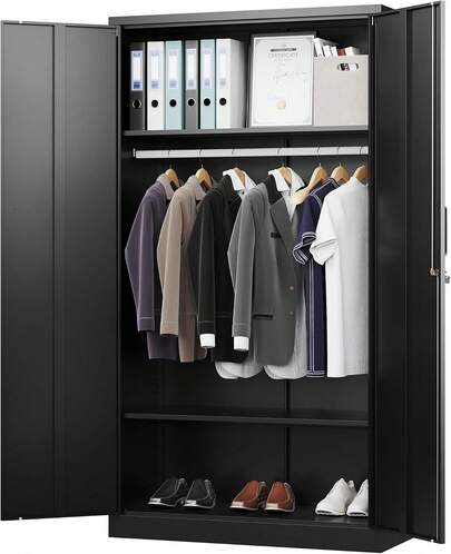 72 Inch Tall Metal Wardrobe Storage Cabinet With Lock And Hanging Rod Adjustable Shelves