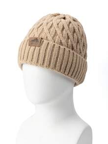 1pc Men's Cable Knit Beanie, Solid Color, Casual, Letter & Mountain Design, Fleece Lined, Elastic Ribbed Cuff, Winter, Daily Commute, Outdoor Wear - A - View 5