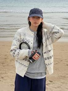 Cardigan Sweater Motif Geometris, Kancing Depan, Lengan Panjang, Rajutan Lembut, Potongan Reguler, Warna Gading, Atasan Layering Musim Gugur yang Elegan untuk Pakaian Kasual Musim Dingin - Aprikot - View 5