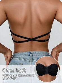 1pc Women's Sexy Lace Patchwork Wireless Non-Padded Comfortable Front Closure Criss-Cross Back Bandeau - Black - View 3