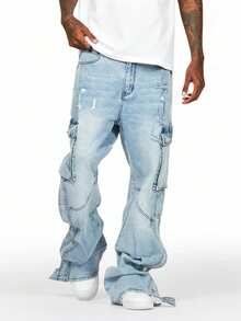 Men's Y2K Light Wash Blue Fashion Button Hem Loose Fit Streetwear Multi-Pocket Cargo Denim Jeans - Light Wash - View 6