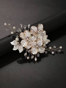 1pc Women's Gold-Trimmed Floral Rhinestone Plum Blossom Hair Clip, Bridal Wedding Hair Pin Decorative Hair Clip - Gold - View 8