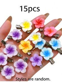 10pcs Random Style Women's Flower Hair Clips, Hawaiian Style Flower Hair Clips, Plumeria Hibiscus Hair Clips - Multicolor - View 10