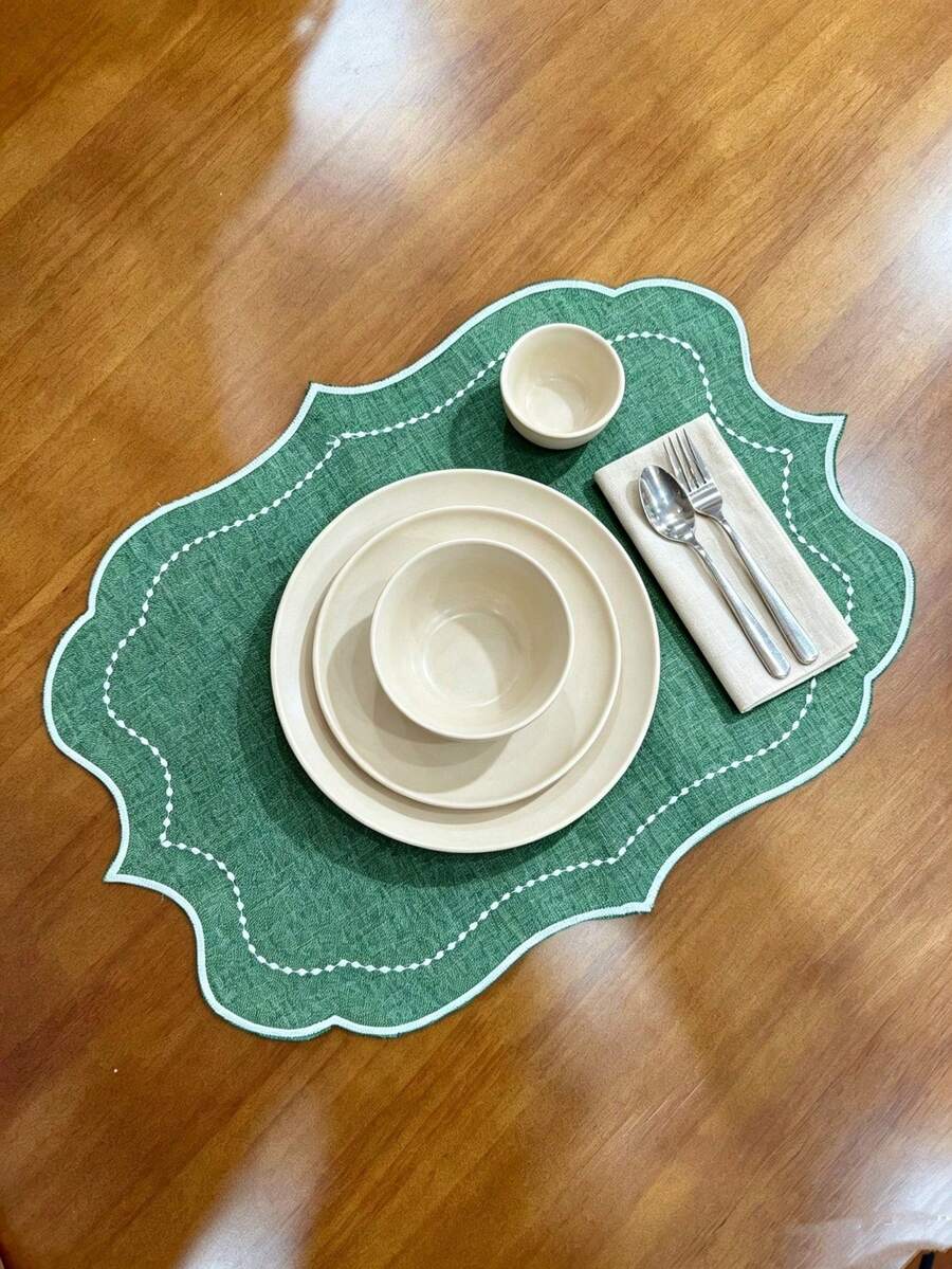 4pcs Solid Color Embroidered Placemats, Pastoral Style Polyester Fiber Round Placemats, Suitable For Dining Table, Coffee Table, Tea Table, Daily Home Decor, Vase Mat, Wedding, Holiday, Party - Green - View 1